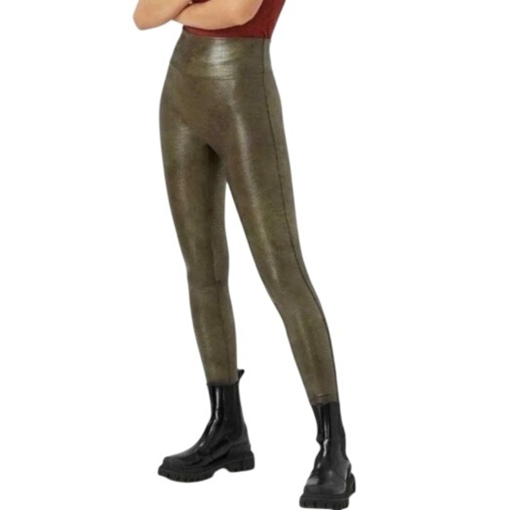 SPANX Womens S Darkened Olive Faux Leather Croc Shine Leggings NWT
